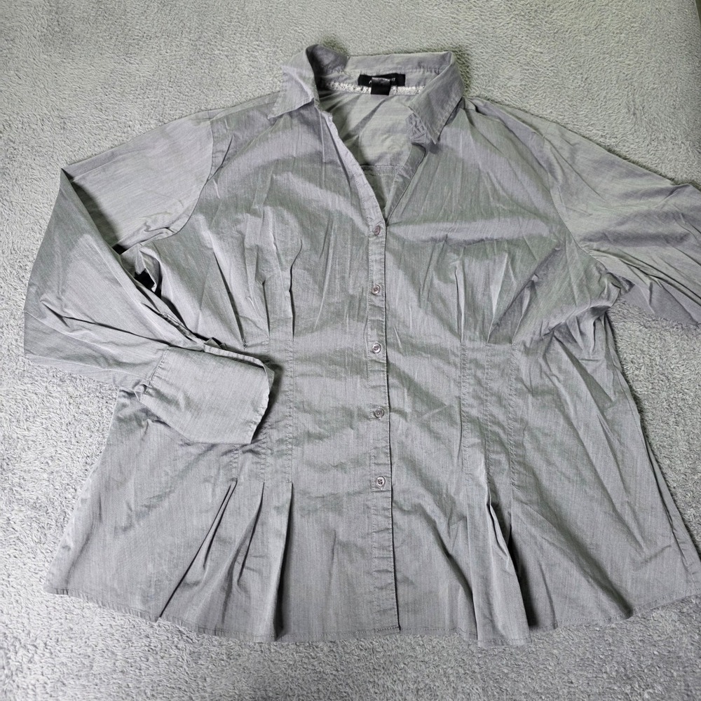 Ashley Stewart Womens 24W Button Down Shirt Gray Pleated Peplum Stretch Blouse